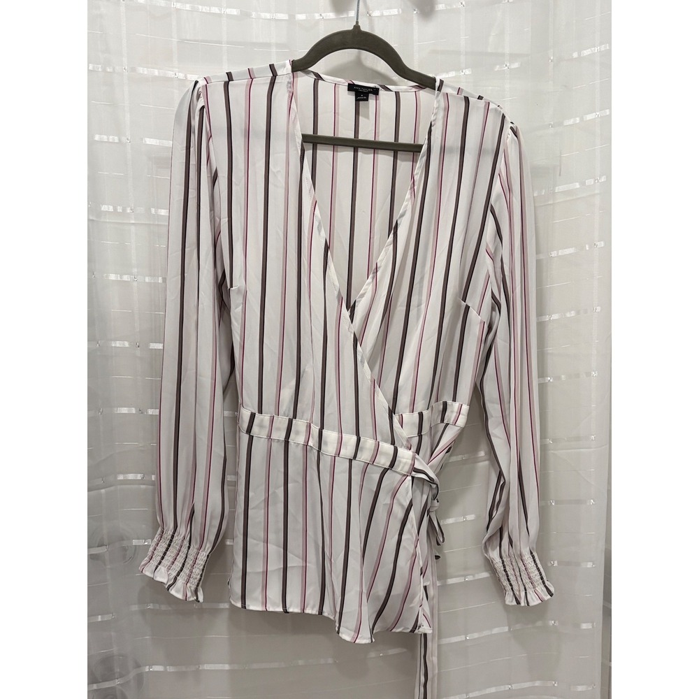 Ann Taylor Factory Striped Wrap Blouse Long Sleeve Smocked Cuff Ivory Burgundy M